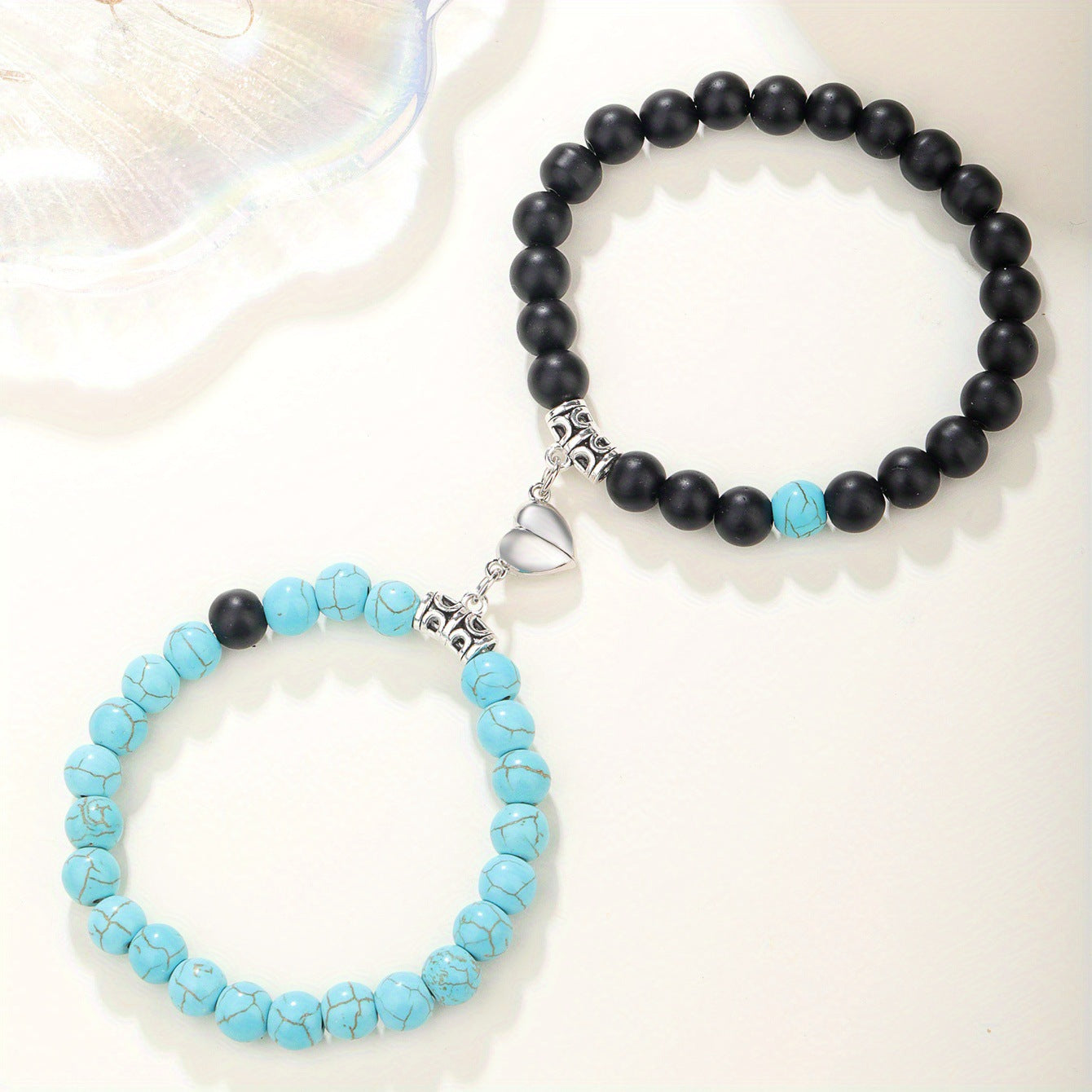 Magnetic Couple Bracelet - Stone Beads Heart Design