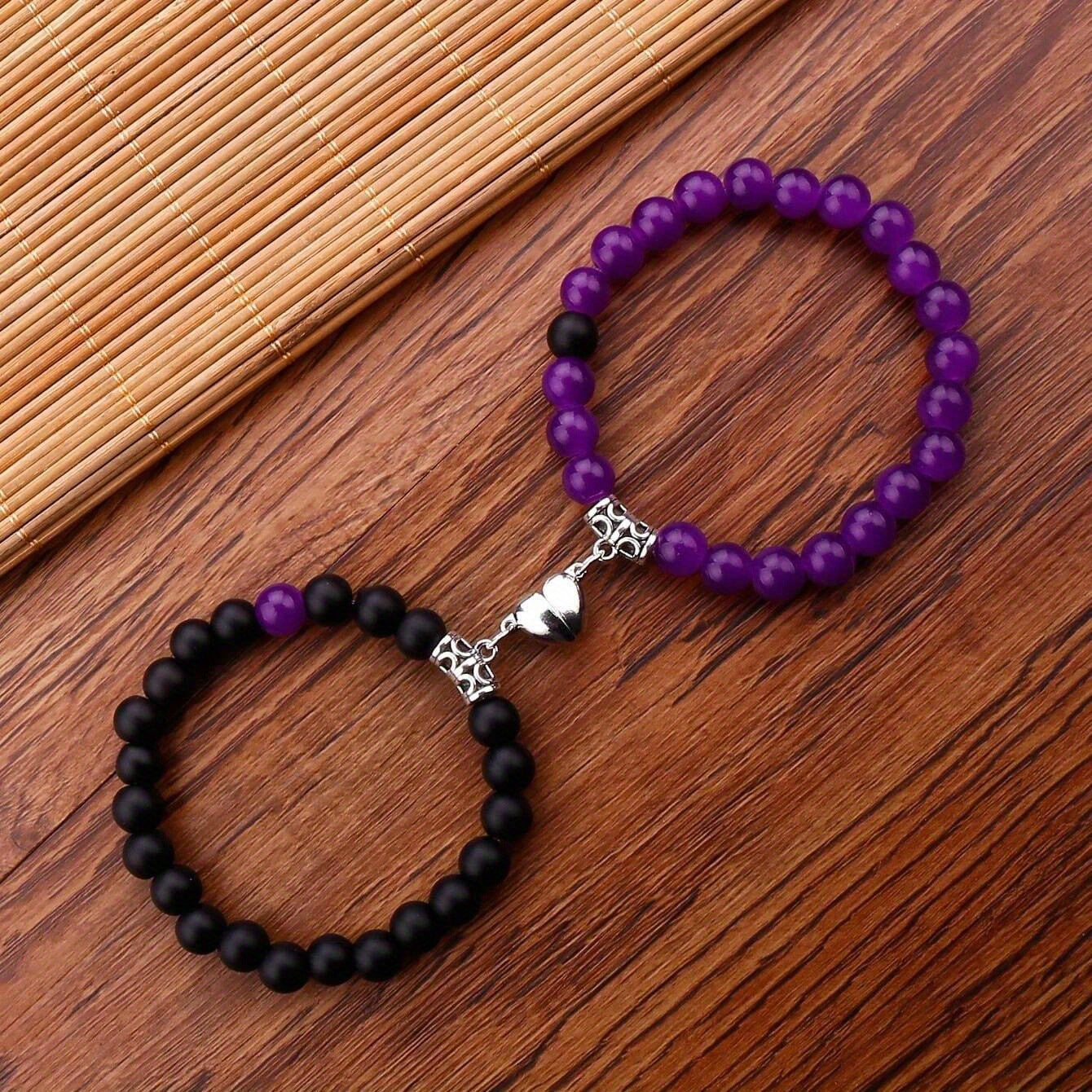 Magnetic Couple Bracelet - Stone Beads Heart Design