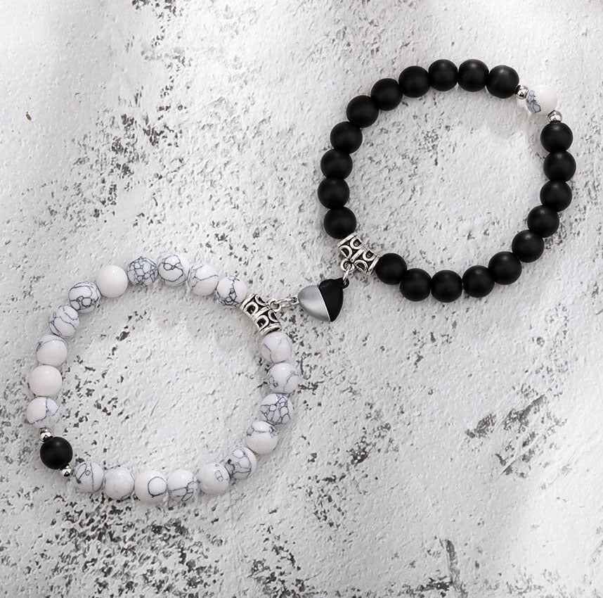 Magnetic Couple Bracelet - Stone Beads Heart Design