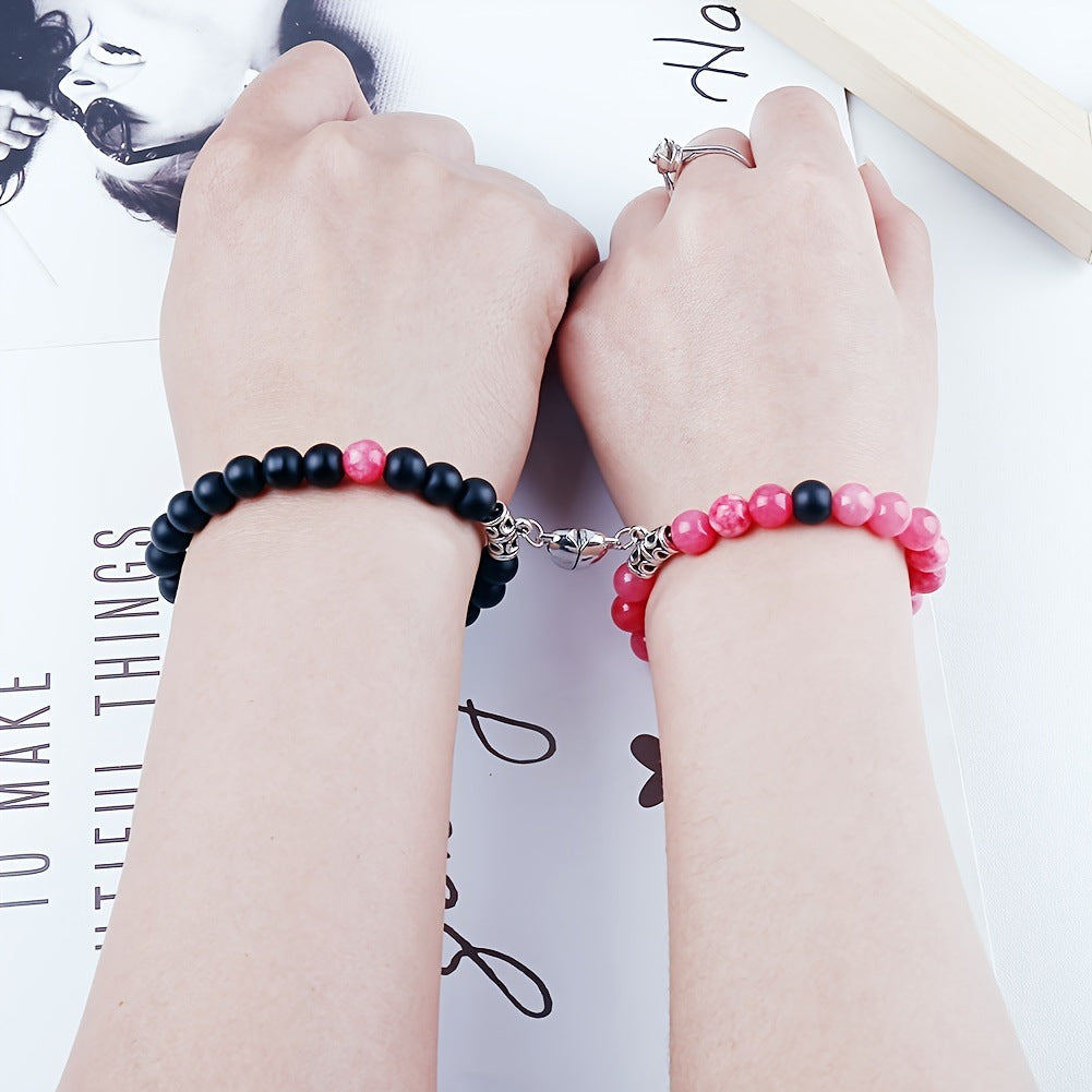 Magnetic Couple Bracelet - Stone Beads Heart Design