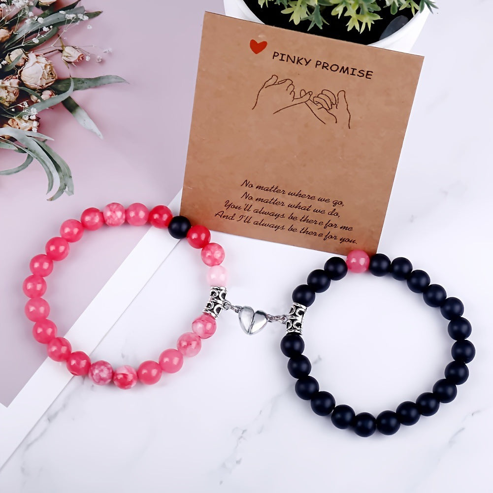 Magnetic Couple Bracelet - Stone Beads Heart Design