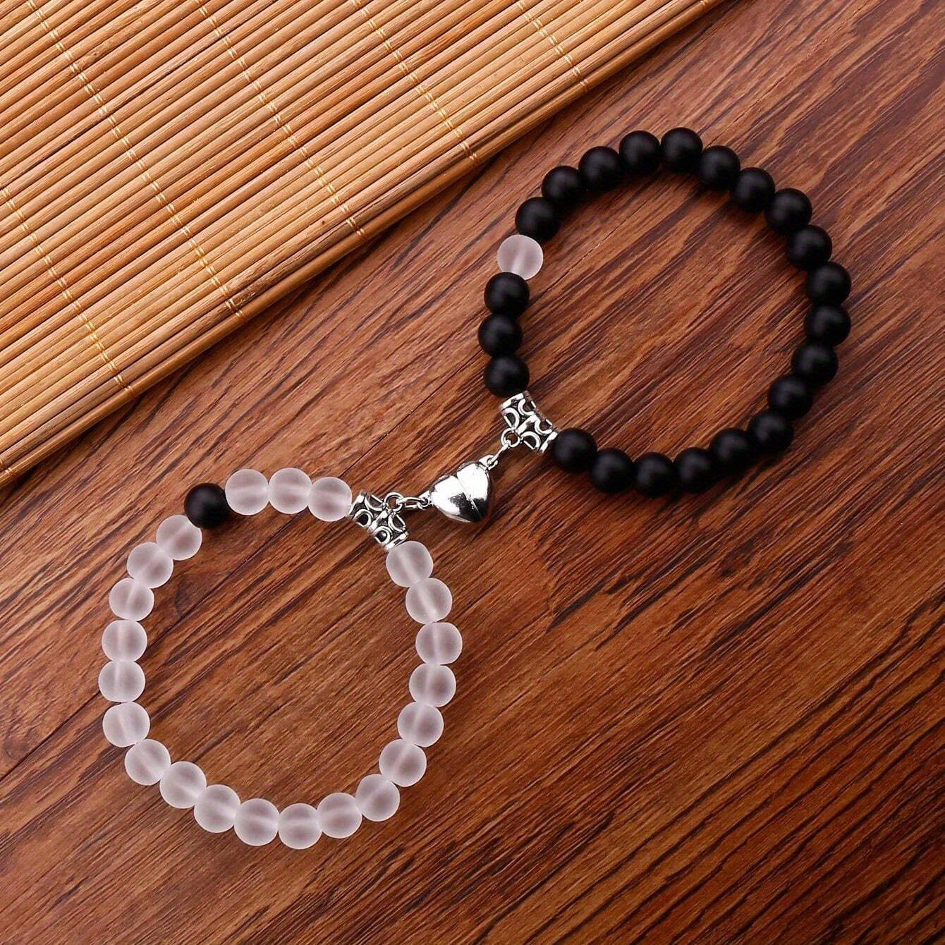 Magnetic Couple Bracelet - Stone Beads Heart Design