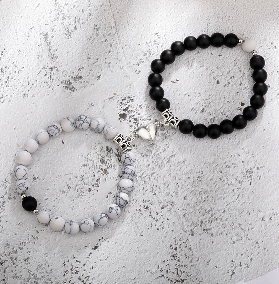 Magnetic Couple Bracelet - Stone Beads Heart Design
