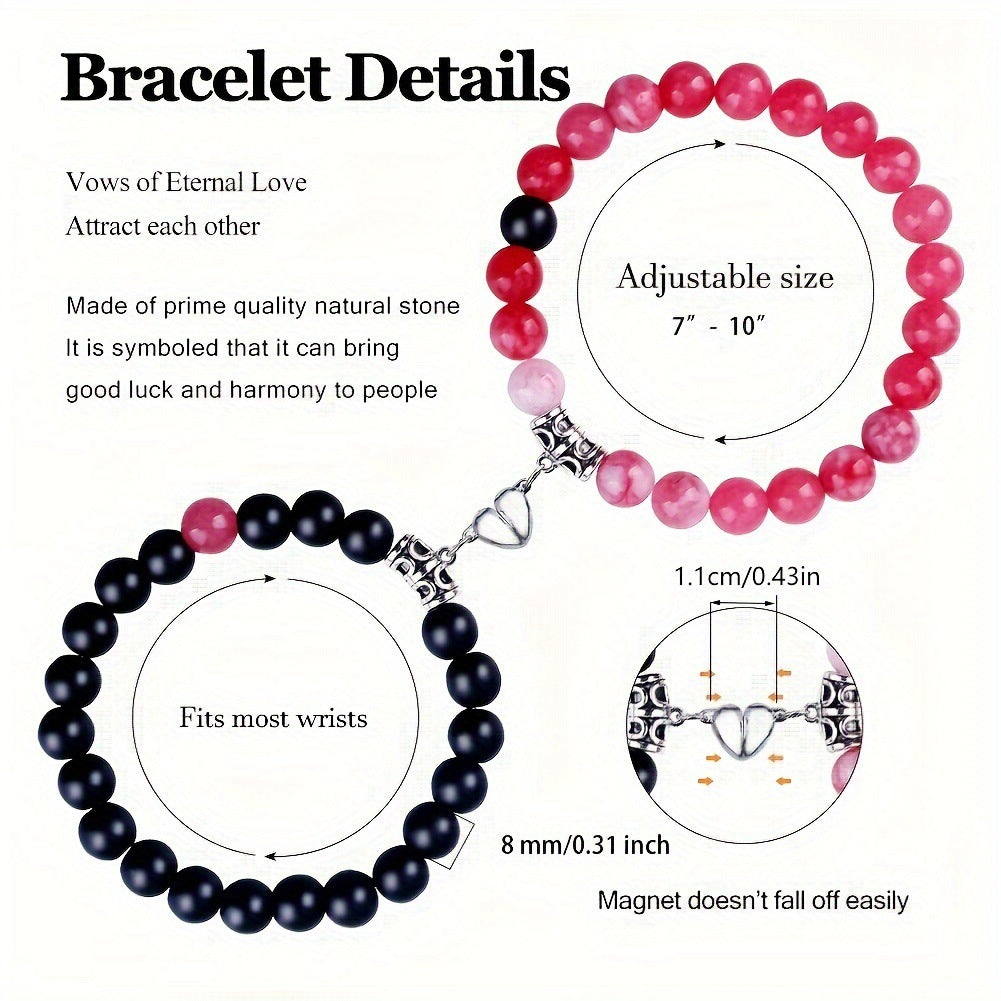 Magnetic Couple Bracelet - Stone Beads Heart Design