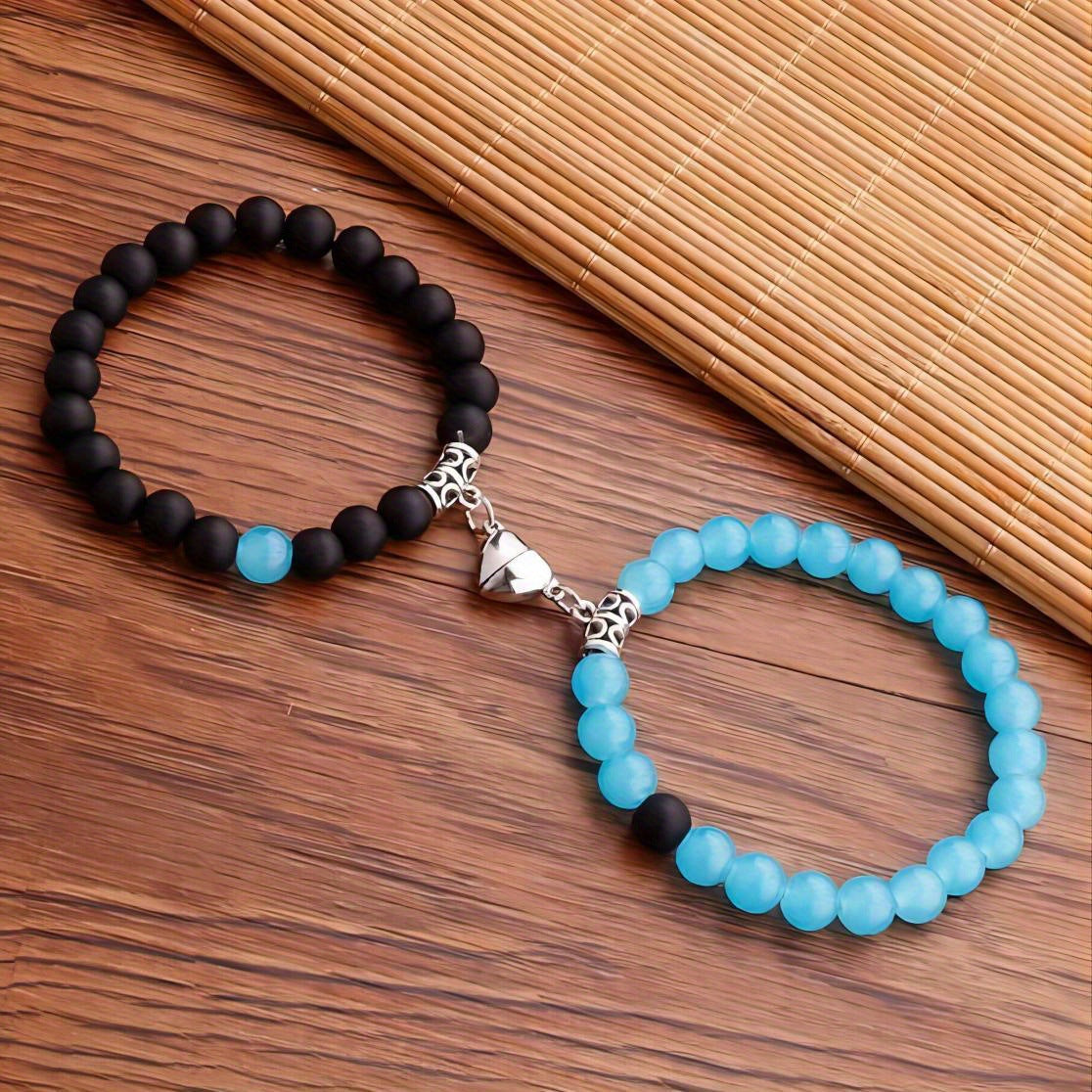 Magnetic Couple Bracelet - Stone Beads Heart Design